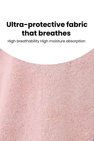 A close-up shot of a soft, light pink fabric, described as "Ultra-protective fabric that breathes" with "High breathability" and "High moisture absorption."