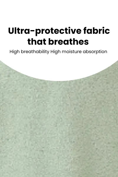 A close-up shot of a soft, green fabric, described as "Ultra-protective fabric that breathes" with "High breathability" and "High moisture absorption."