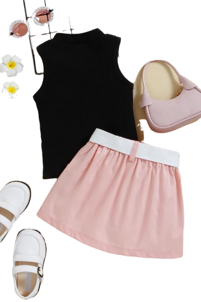 ribbed top and wallet belted skirt set