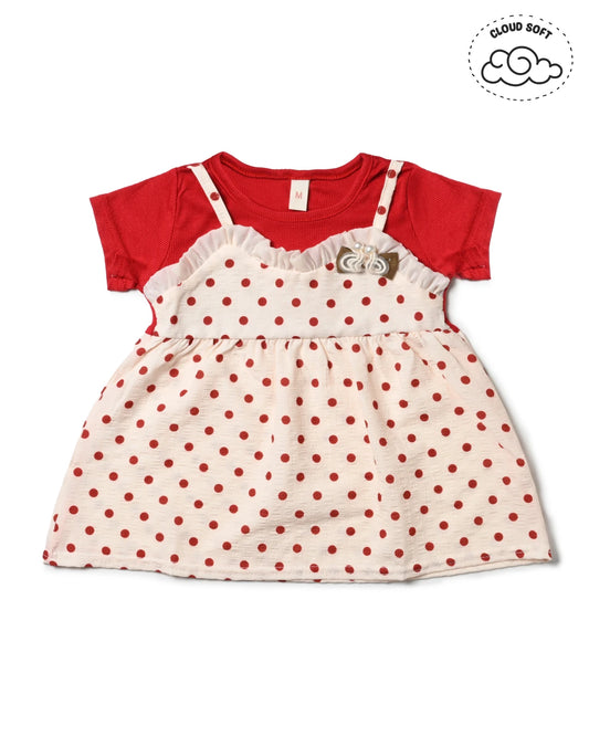 A cute red and white polka dot dress, perfect for girls shopping.