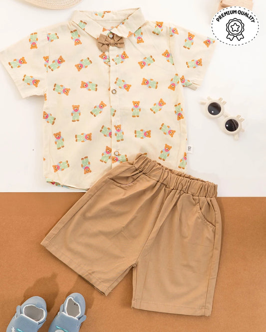 Kids clothes boys: beige shorts and printed shirt set. Boys dress, kids dress for boys