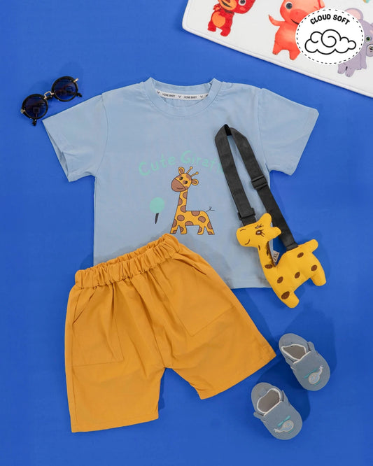 Kids clothes boys: blue t-shirt with giraffe print and yellow shorts. Boys dress, kids dress for boys.