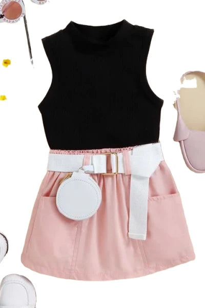 ribbed top and wallet belted skirt set