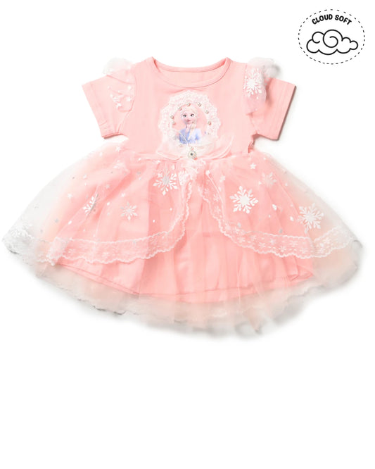 Girls fashion pink dress with lace and character print. Latest fashion for girls, girls shopping