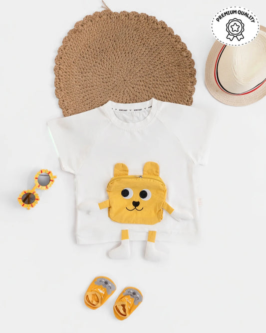 Kids dress for boys: playful white t-shirt and yellow shorts outfit. Boys dress, boys new dress.