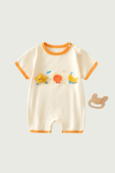 Baby romper with cartoon designs on a light gray background
