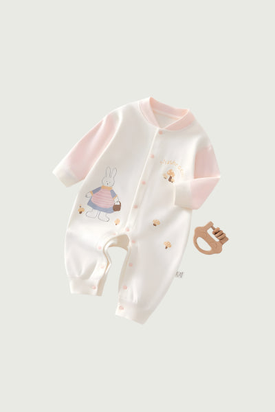 Baby romper with cartoon design on a light gray background