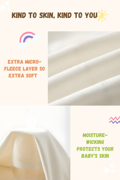 Text and fabric sample with 'Kind to Skin, Kind to You' branding on a white background