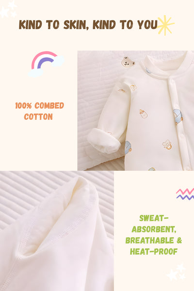 Baby clothing with text highlighting features like 'kind to skin', '100% combed cotton', 'sweat-absorbent', 'breathable', and 'heat-proof'.