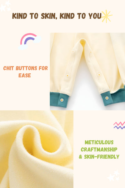Cream-colored garment with teal buttons on a white background, featuring text about skin-friendliness and craftsmanship.