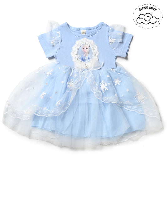 Girls kids clothing blue dress with tulle skirt and snowflake design. Girls fashion, trending clothes for girls