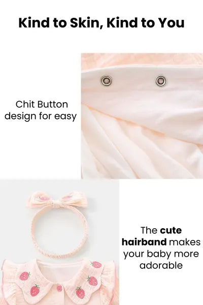 Trending clothes for girls: A close-up showcasing the "Chit Button" design for easy use on new born cloths, paired with a cute headband, a detail in girls fashion.
