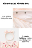 Trending clothes for girls: A close-up showcasing the "Chit Button" design for easy use on new born cloths, paired with a cute headband, a detail in girls fashion.
