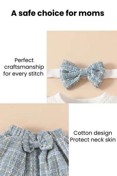 A promotional image highlighting the features of baby clothing, emphasizing "A safe choice for moms" and showcasing "Perfect craftsmanship for every stitch," a "Cotton design" to "Protect neck skin," and a close-up of a textured blue and white fabric with a bow detail on a headband and a skirt.