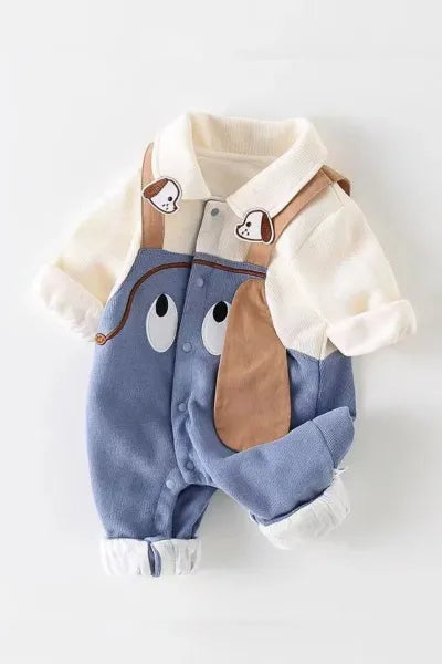 A cozy baby romper, part of new born cloths, featuring a cute puppy design with floppy ears and overall accents, perfect for playtime. Not a romper dress, but a comfortable baby romper.
