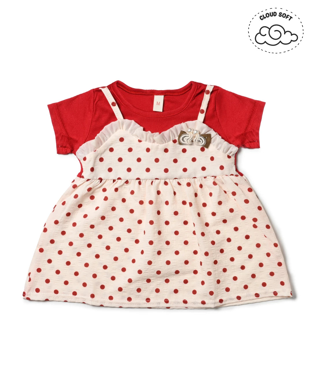 A cute red and white polka dot dress, perfect for girls shopping.