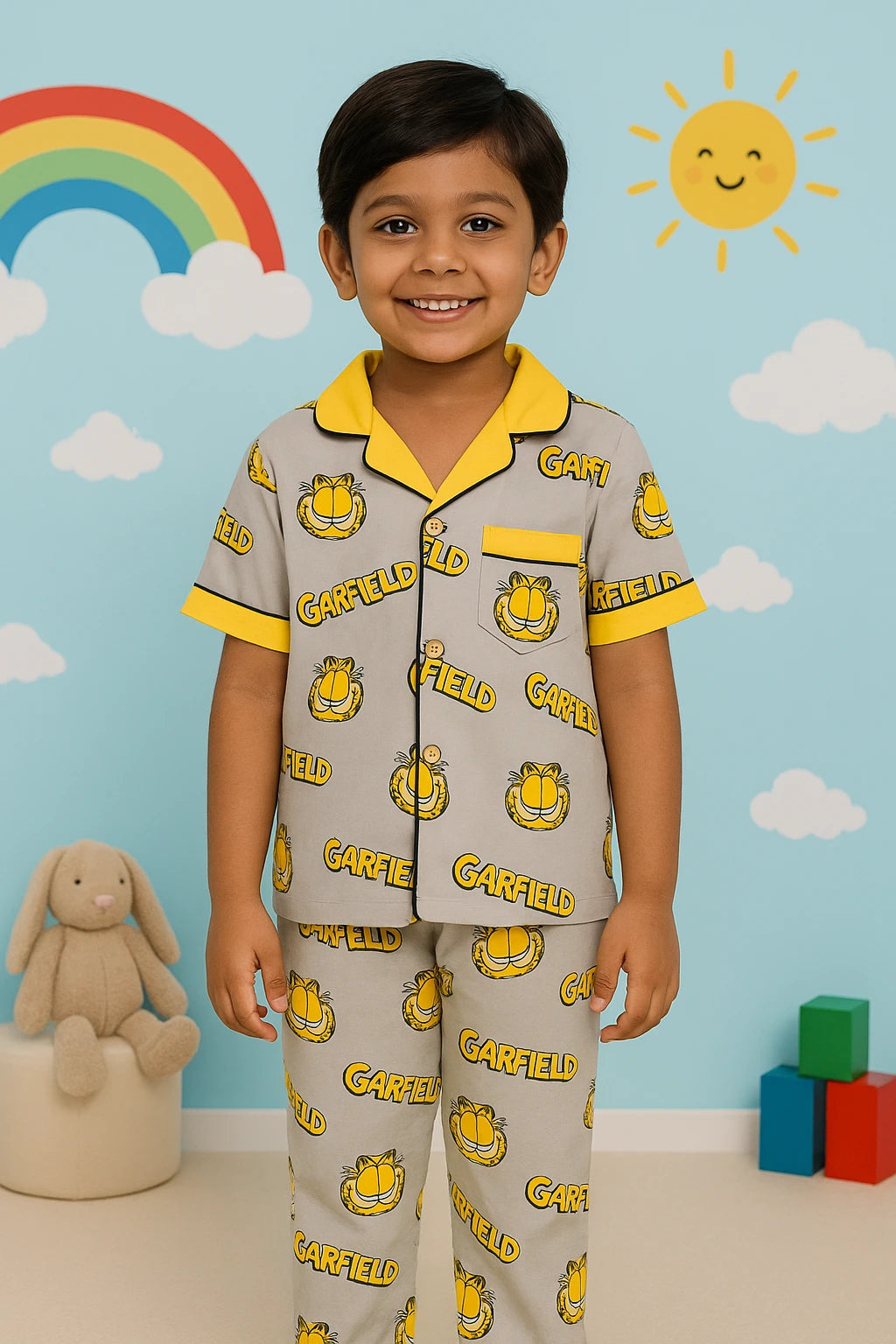A young boy smiles while wearing a grey and yellow pants set - boys pyjamas featuring a Garfield print. He is standing in front of a backdrop with a rainbow, sun, and clouds. A stuffed bunny and colorful blocks are visible in the background, suggesting cosy boys nightwear. This kids sleepwear is a fun example from the boys nightwear collection.