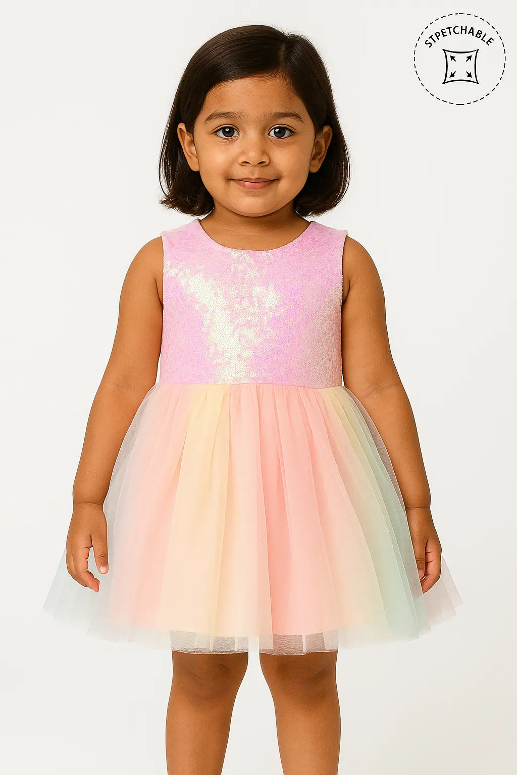 A young girl with short dark hair smiles at the camera, wearing a sleeveless dress. The bodice is pink with iridescent sequins, transitioning to a multi-layered tulle skirt in pastel shades of pink, yellow, and green, finished with a white tulle layer. A "Stretchable" icon is visible in the upper right corner. This is a beautiful piece of girls kids clothing and trending clothes for girls, showcasing a lovely style in girls fashion. It's a charming dress for kids girls.