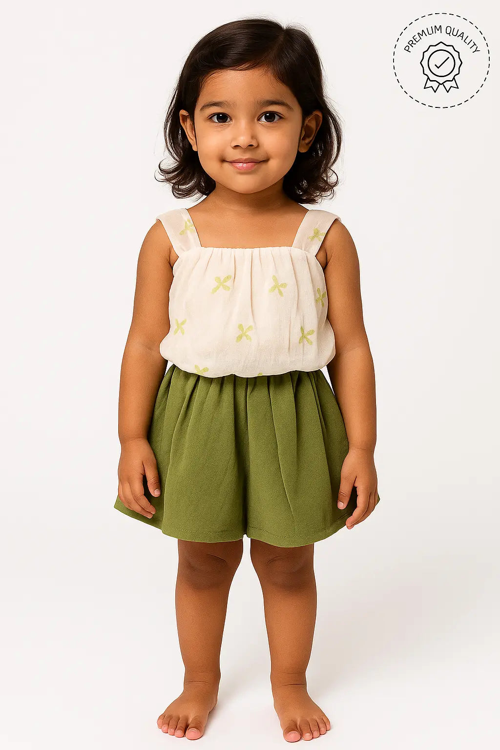 A young girl with short dark hair smiles, wearing a sleeveless cream-colored top with small light green embroidered details and a pair of olive green shorts. A "Premium Quality" badge is visible in the upper right corner. This is a cute outfit in girls kids clothing and trending clothes for girls, showcasing a stylish look in girls fashion. It's a lovely set of clothes for kids girls.