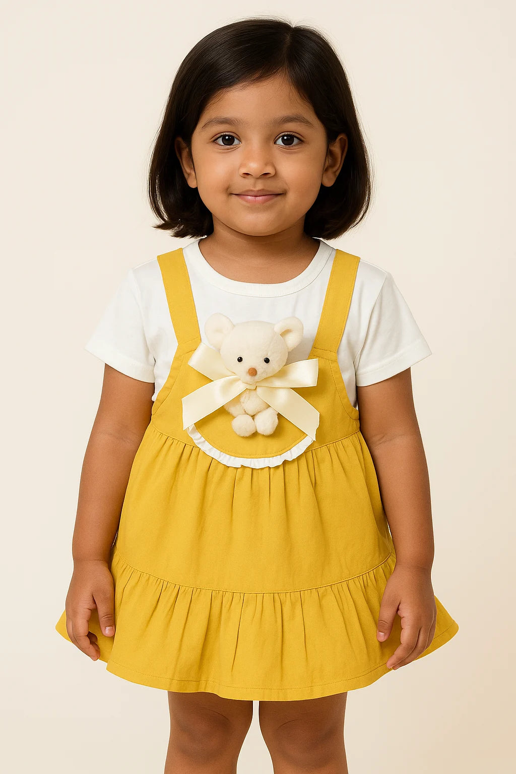 A young girl models a cute mustard yellow overall dress with a white t-shirt underneath, showcasing a sweet look in girls fashion. The dress features a small white teddy bear with a striped ribbon, making it a charming piece of girls kids clothing and trending clothes for girls. This is a lovely example of clothes for kids girls.