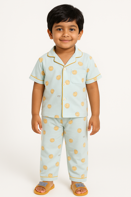 Cosy Boys Nightwear Collection - Kids sleepwear pants set featuring a light blue boys pyjamas with a cute print, short-sleeved top, and matching pants.