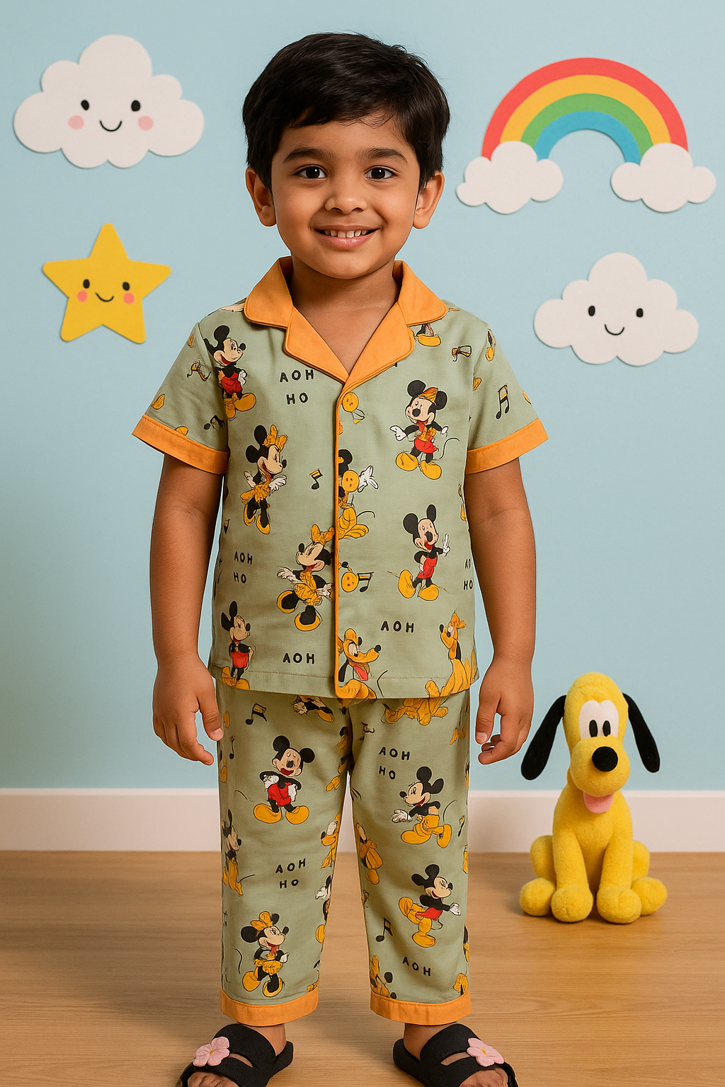 Cosy Boys Nightwear Collection - Kids sleepwear featuring a pants set with a playful design of popular cartoon characters. The boy is wearing green pyjamas with orange trim, decorated with images of Mickey Mouse and friends. The background includes cheerful elements like a rainbow, clouds, and stars