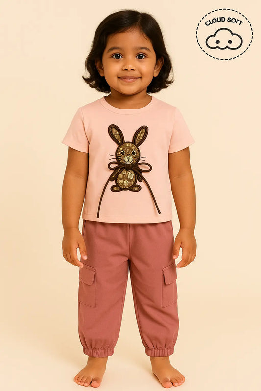 "Girls kids clothing featuring a young girl wearing a yellow outfit with a cute cat print on the top and butterfly prints on the pants. Girls fashion, girls wear, trending clothes for girls."