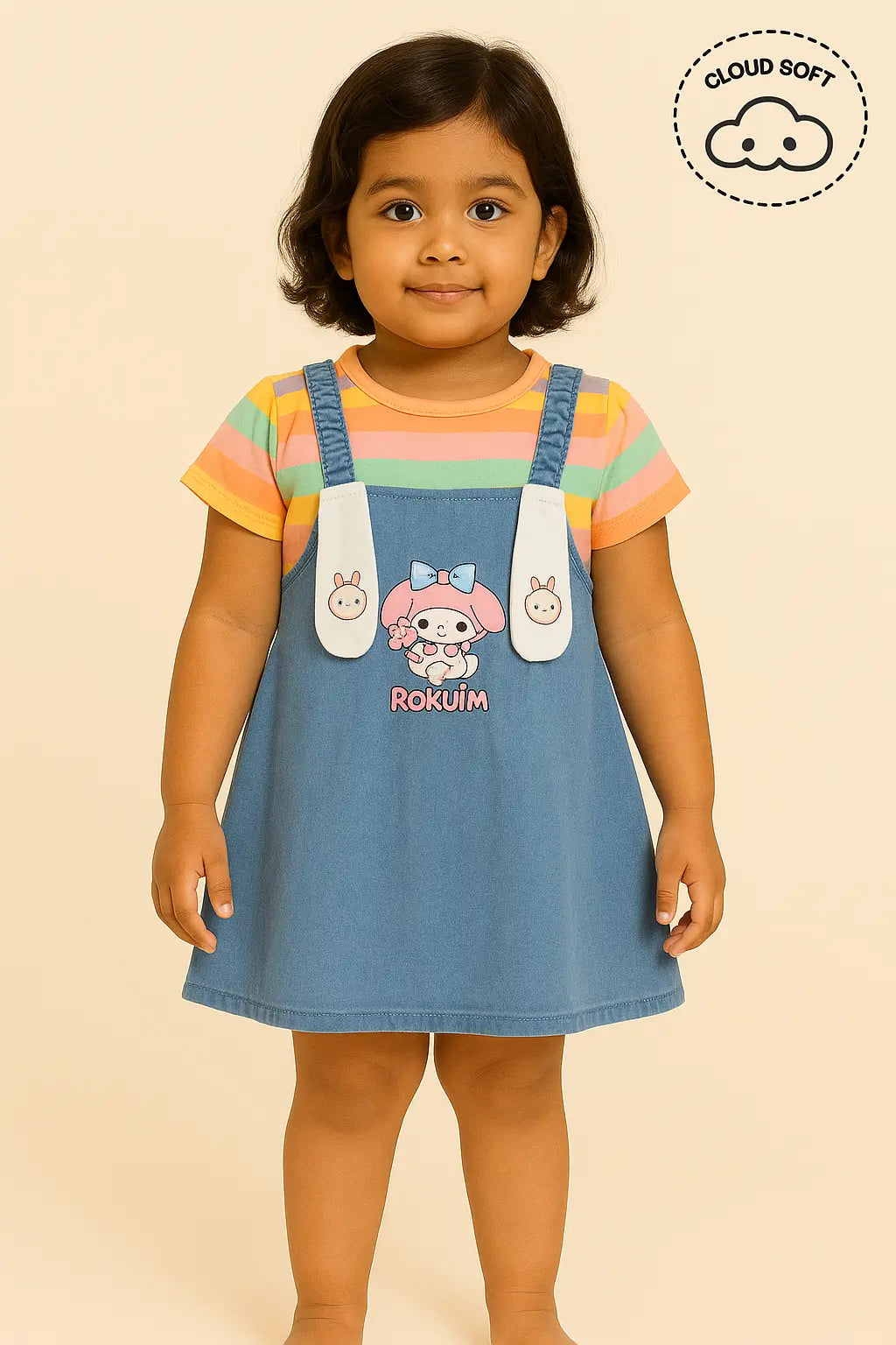 "Girls kids clothing featuring a young girl wearing a colorful striped t-shirt and a blue denim pinafore dress with cartoon characters on the straps and front, showcasing girls fashion, girls wear, and trending clothes for girls."

