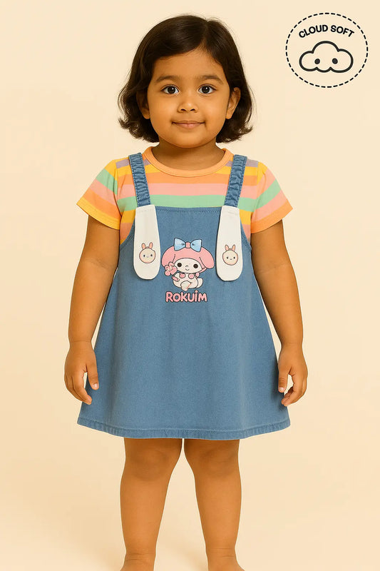 "Girls kids clothing featuring a young girl wearing a colorful striped t-shirt and a blue denim pinafore dress with cartoon characters on the straps and front, showcasing girls fashion, girls wear, and trending clothes for girls."

