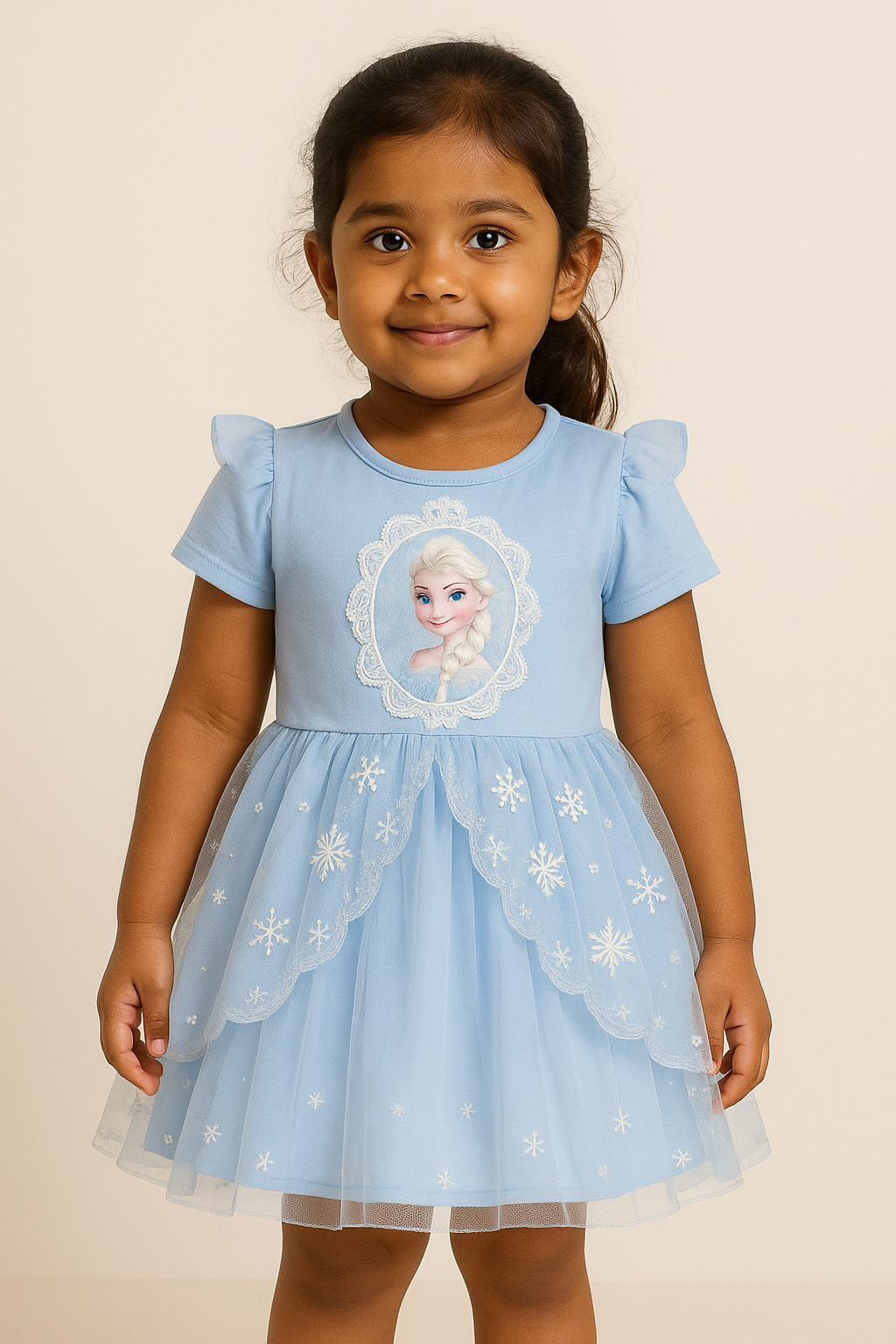 A young girl wearing a stylish blue dress, a cute choice in clothes for kids girls fashion.