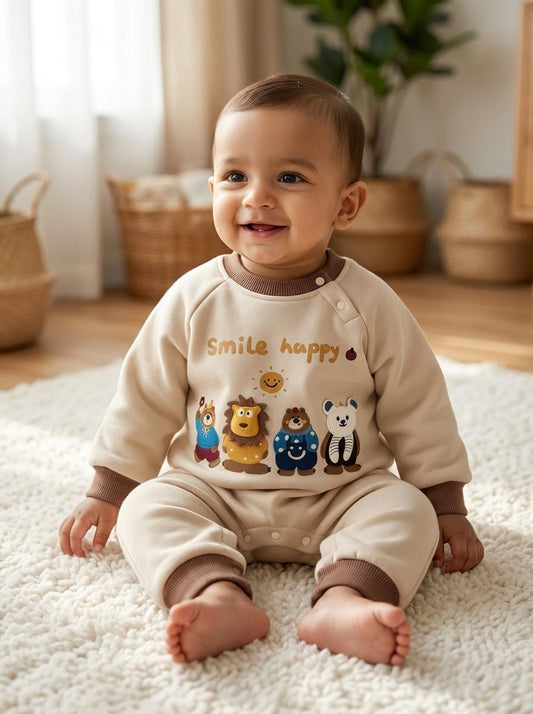 "Cheerful baby romper featuring happy animal friends print, soft and playful design for toddlers"