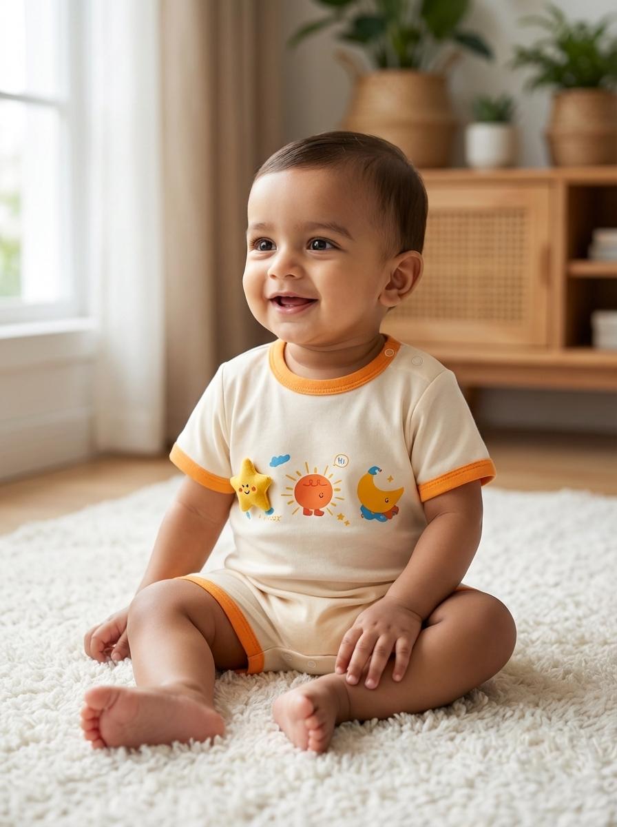 "Light-colored baby romper with starry pattern and yellow trim detailing, designed for day and play"