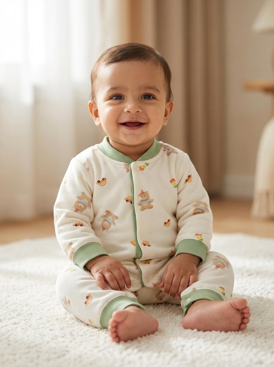 Baby wearing a white onesie with green trim and animal prints, sitting on a white carpet.