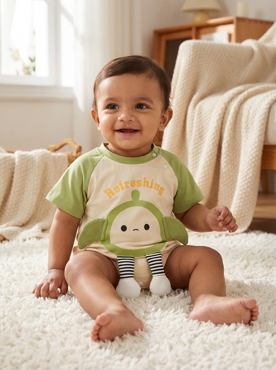 "Green and natural-toned baby romper featuring cute fruit buddy print design for active little ones"
