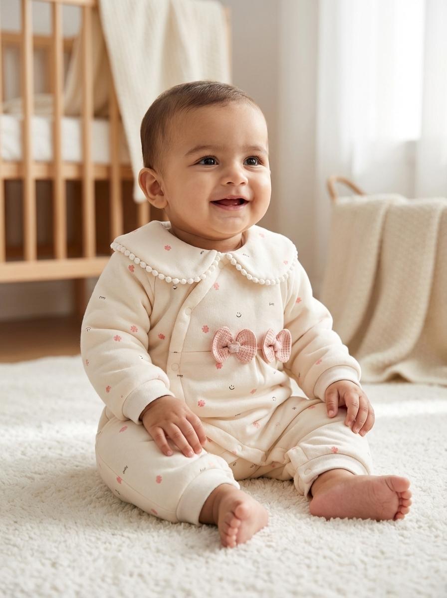 "Elegant baby girl romper featuring pearl-trimmed collar and double heart bow details for a charming look"