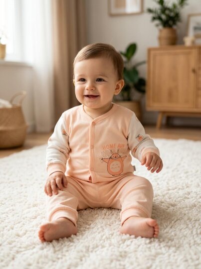 Baby sitting on a white rug in a room with wooden furniture and plants.