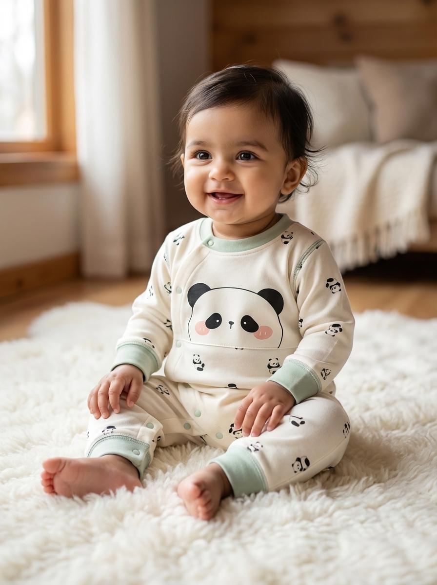 Baby wearing panda-themed pajamas sitting on a fluffy white rug.