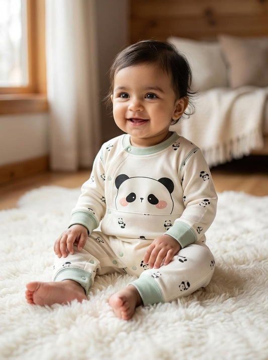 Baby wearing panda-themed pajamas sitting on a fluffy white rug.