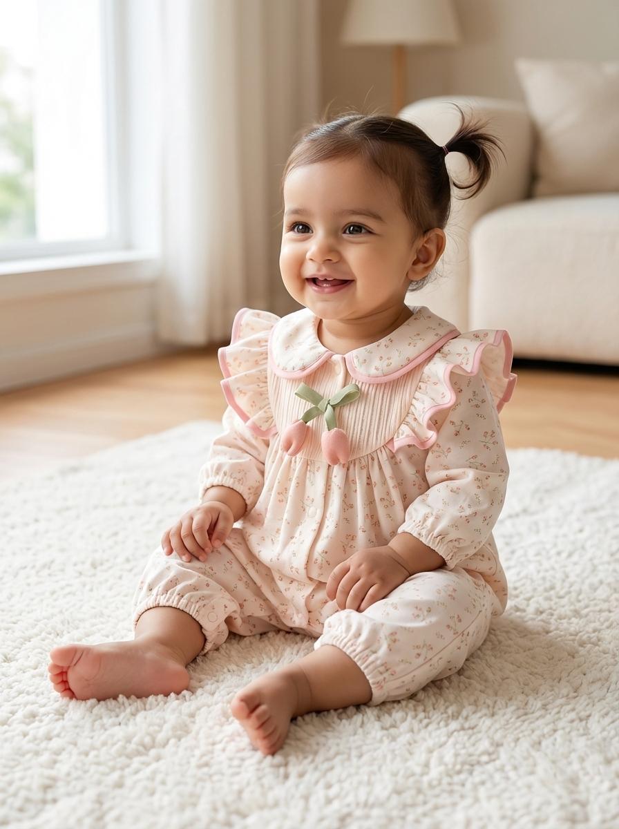 "Cream-colored baby girl romper with pink cherry blossom print, ruffled collar and bubble hem design"