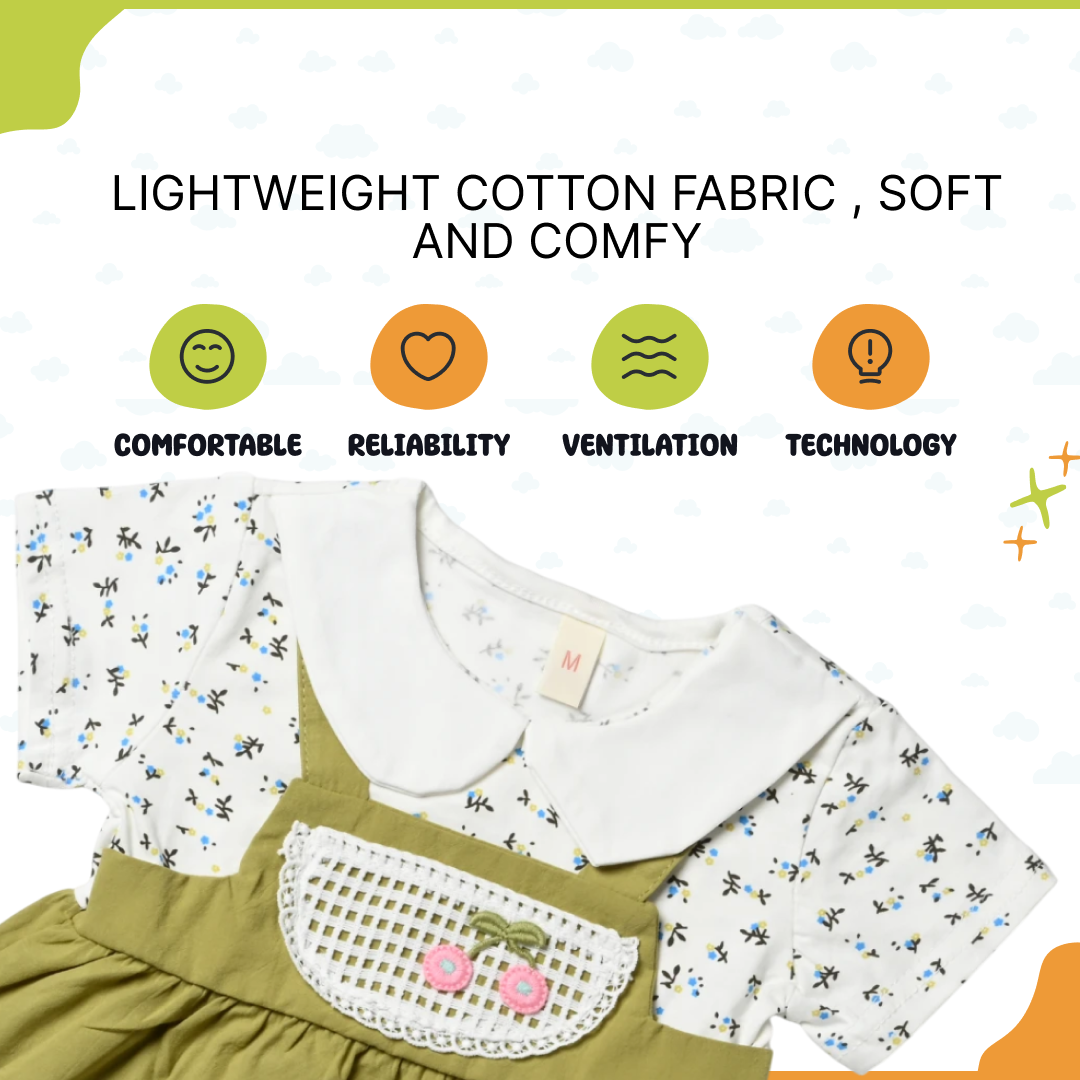 This latest fashion for girls includes a green overall dress with a white t-shirt and teddy bear