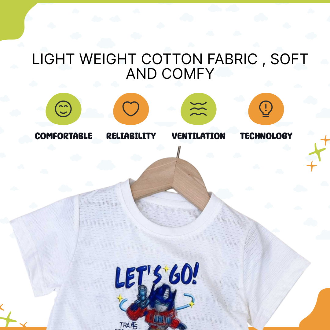 Children's apparel: white t-shirt with Optimus Prime and text.

