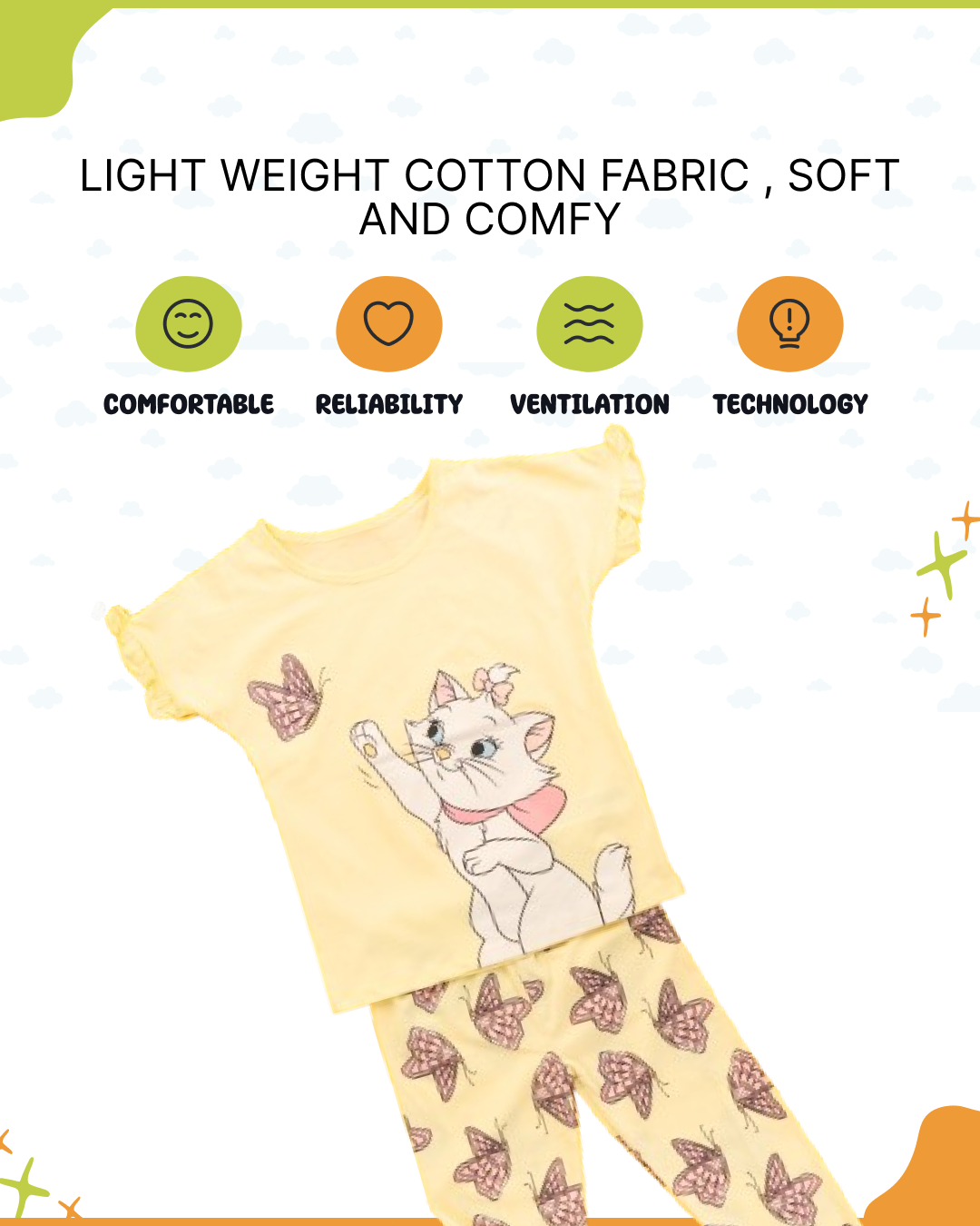 Girls kids clothing set featuring a yellow short-sleeve top with a cute cat and butterfly print, paired with matching yellow pants adorned with butterfly patterns. Ideal for girls' fashion, girls wear, and trending clothes for girls