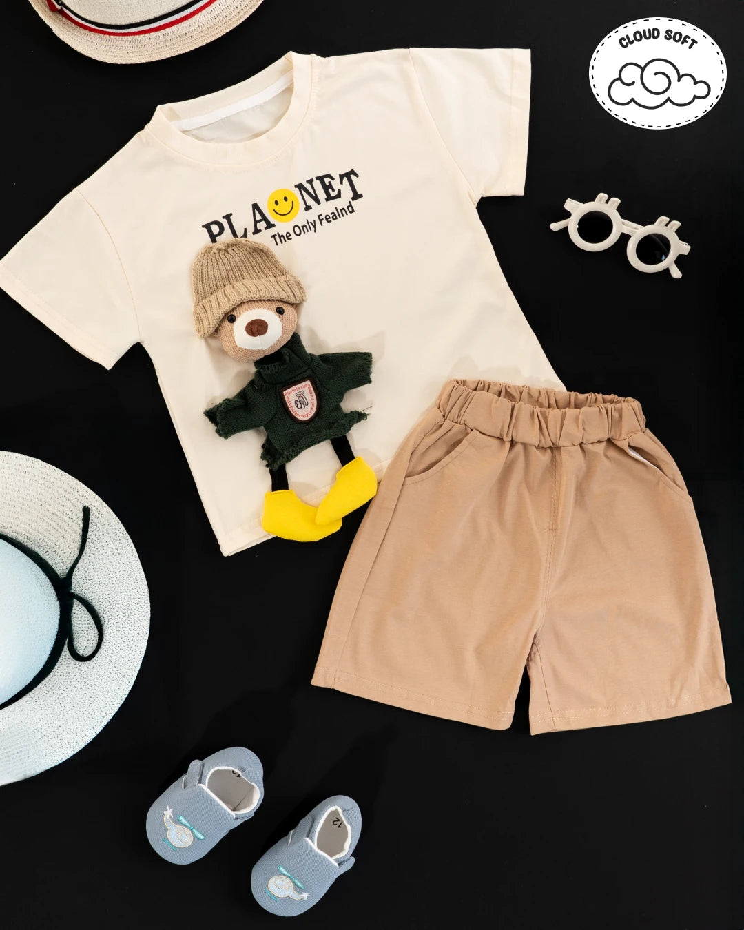 Boys new dress: premium quality kids' outfit with tan shorts and an owl-print collared shirt. Kids clothes boys, boys dress style