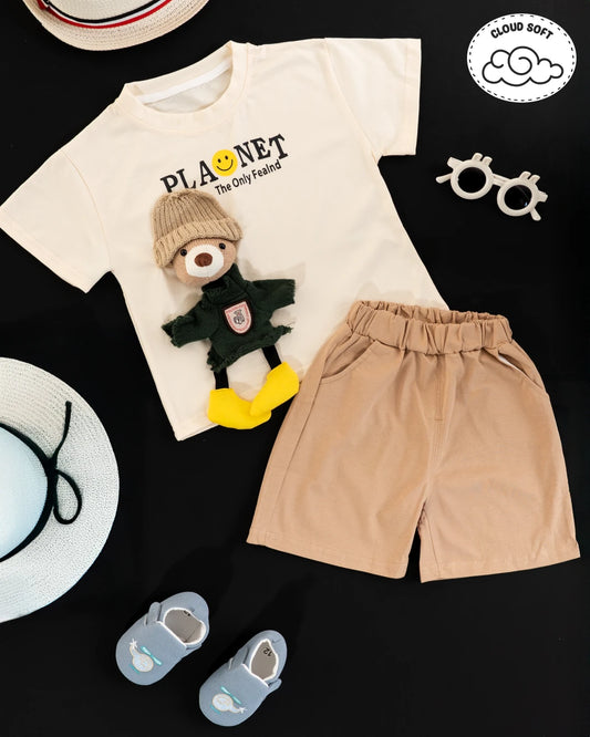Boys new dress: premium quality kids' outfit with tan shorts and an owl-print collared shirt. Kids clothes boys, boys dress style