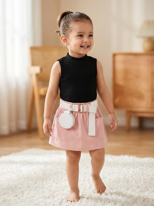 ribbed top and wallet belted skirt set