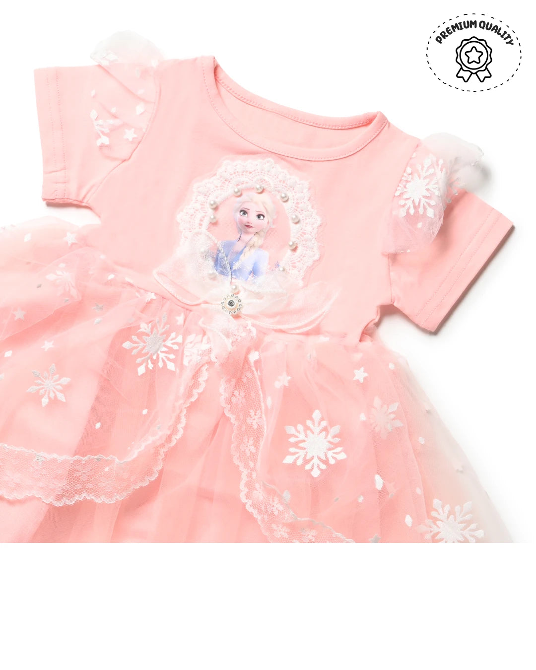 Latest fashion for girls: pink dress with snowflake details. Girls kids clothing, girls shopping.
