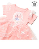 Latest fashion for girls: pink dress with snowflake details. Girls kids clothing, girls shopping.