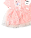 Girls shopping: stylish pink dress with lace and character motif. Girls fashion, trending clothes for girls.
