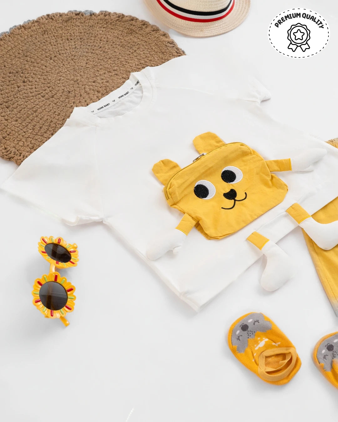 Boys dress style: trendy white t-shirt with animal print and matching yellow shorts. Kids clothes boys, kids dress for boys