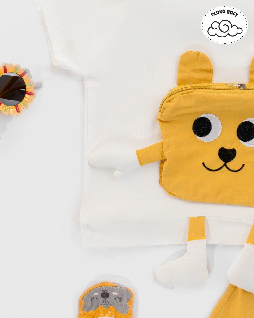 Kids clothes boys: fun animal-themed white t-shirt paired with yellow shorts. Boys dress, kids dress for boys